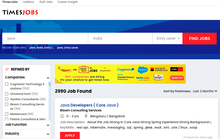 As per 17-08-2020 in timesjobs.com for java jobs